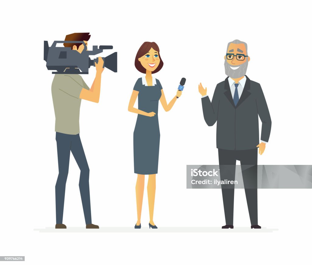 TV presenter having an interview - cartoon people character isolated illustration TV presenter having an interview - cartoon people character isolated illustration on white background. A young journalist woman, girl asking questions to a senior man, an operator shooting a program Adult stock vector