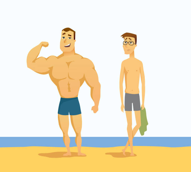 ilustrações, clipart, desenhos animados e ícones de homens fortes e fracos - pessoas cartoon personagem ilustração isolada - adult muscular build athlete beautiful