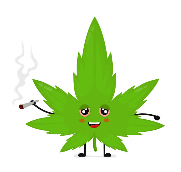 Cute funny smiling happy marijuana weed Cute funny smiling happy marijuana weed leaf smoke joint. Vector flat cartoon character illustration icon design. Isolated on white background.Weed,marijuana,medical and recreation cannabis blunt stock illustrations
