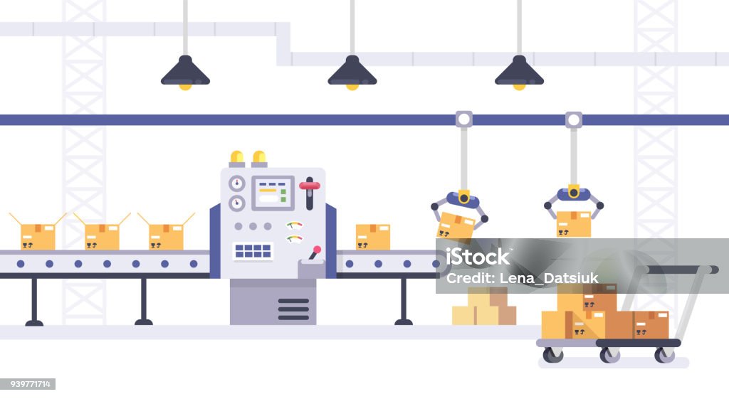 Packing And Production Line Concept In Flat Style Industrial Machine Vector  Illustration Cardboard Boxes On Conveyor Belt In Factory Stock Illustration  - Download Image Now - iStock