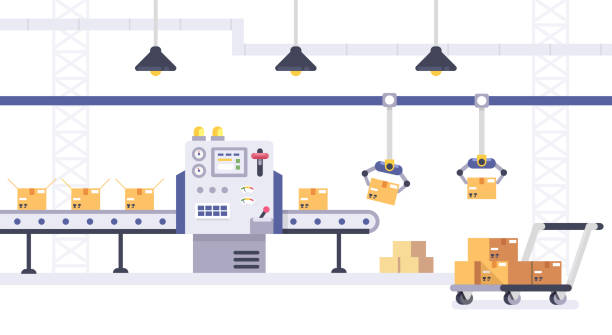 Packing and Production line concept in flat style. Industrial machine vector illustration. Cardboard Boxes on conveyor belt in factory. Cardboard Boxes on conveyor belt in factory. Packing and Production line concept in flat style. Industrial machine vector illustration. conveyor belt stock illustrations