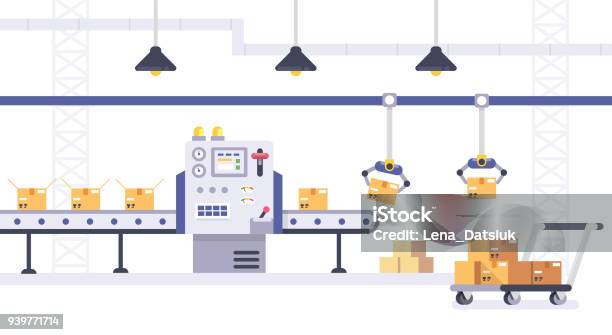 Packing And Production Line Concept In Flat Style Industrial Machine Vector Illustration Cardboard Boxes On Conveyor Belt In Factory Stock Illustration - Download Image Now