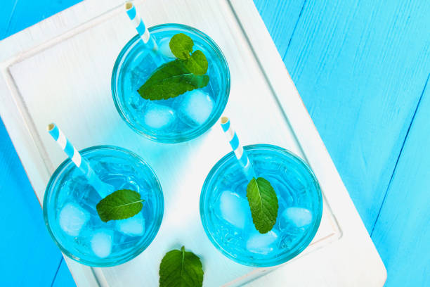istock Blue cocktail with ice and mint in glasses on a white wooden board on a blue table. Top view. 939772494