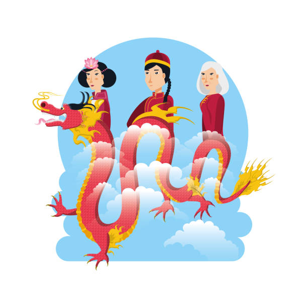 ilustraciones, imágenes clip art, dibujos animados e iconos de stock de caracteres de las personas de la cultura china - traditional culture dragon old asian culture