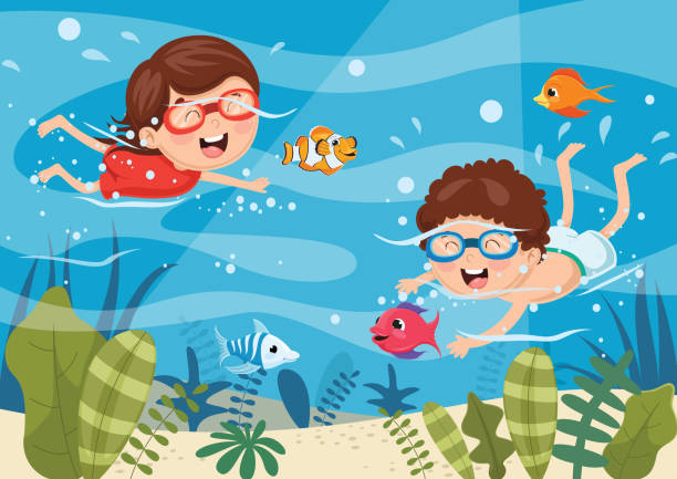 illustrations, cliparts, dessins animés et icônes de vector illustration of kids diving - natural pool fish sea water