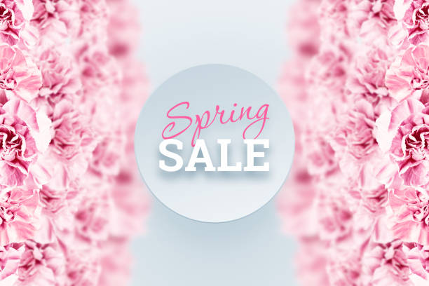istock Spring background, pink, red and white carnations on a light background. Inscription spring sale. Floral background. copy space, flat lay, top view, Mixed media. Valentine's Day, March 8 939780064