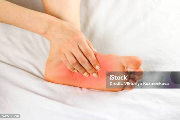 Pain In The Foot Sole Bad Leg The Focus Of Pain Is Marked In Red Close Up Stock Photo - Download Image Now