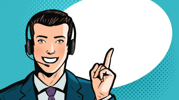 Vector illustration of Man in business suit or businessman with headset says. Call center, support, service concept. Cartoon vector illustration