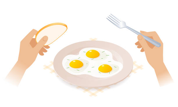 płaska izometryczna ilustracja talerza z jajecznicą, widelcem, chlebem. - fork plate isolated scrambled eggs stock illustrations