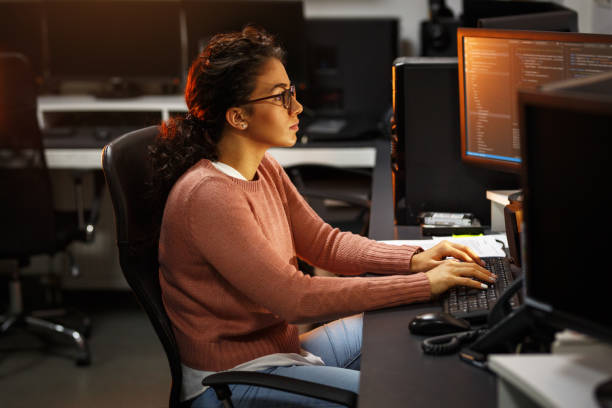 istock Female programmer working on new project.She working late at night in her office. 939787522
