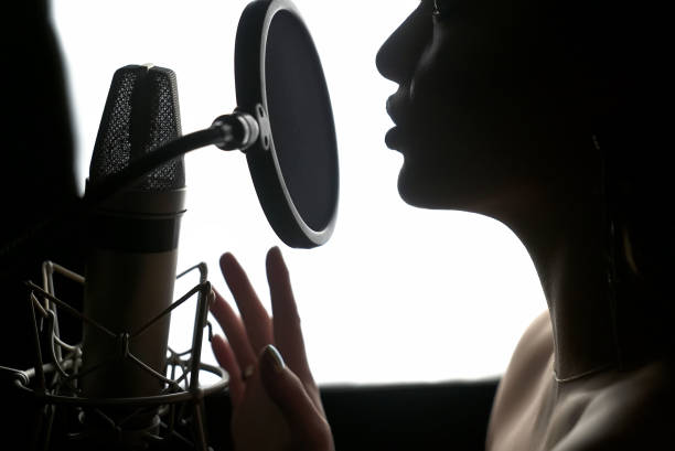 istock Girl singing to the microphone in a studio. 939791082