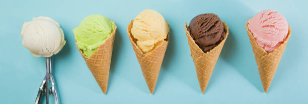 istock Selection of colorful ice cream scoops on blue background 939791174