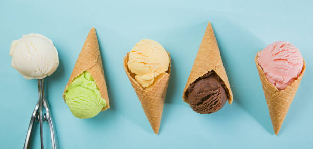 istock Selection of colorful ice cream scoops on blue background 939791194