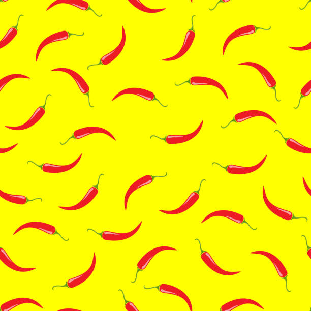 Seamless pattern. Red hot chile peppers on yellow background. Icon red spicy pepper. Vector illustration Seamless pattern. Red hot chile peppers on yellow background. Icon red spicy pepper. Vector illustration chili pepper pattern stock illustrations