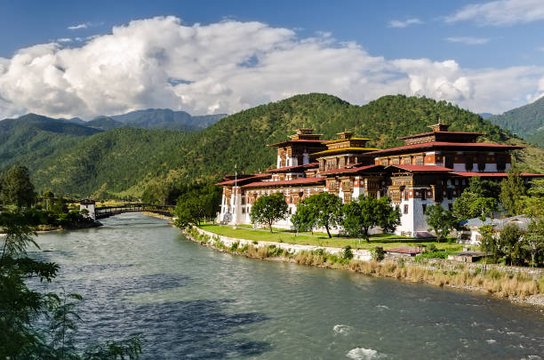 punakha dzong, punakha, thimphu, bhutan, asien - bhutan himalayas buddhism monastery stock-fotos und bilder