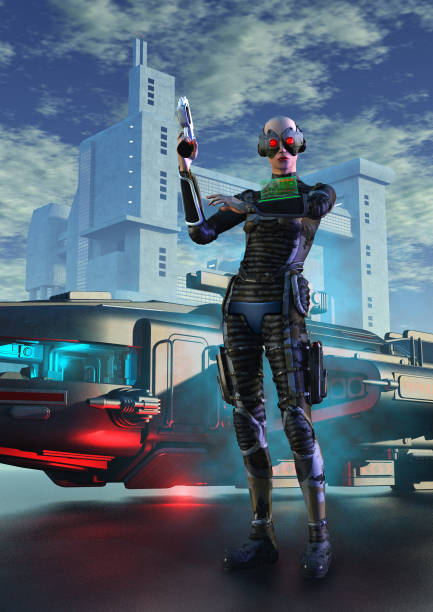 istock Cyborg warrior in a futuristic city 939800034