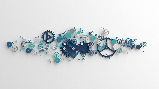 Background of a large group of blue colored gears on a white background, 3D