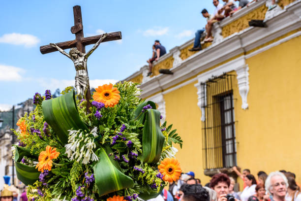 Closeup of crucifix detail in Holy Thursday procession in town with most famous Holy Week celebrations in Latin America