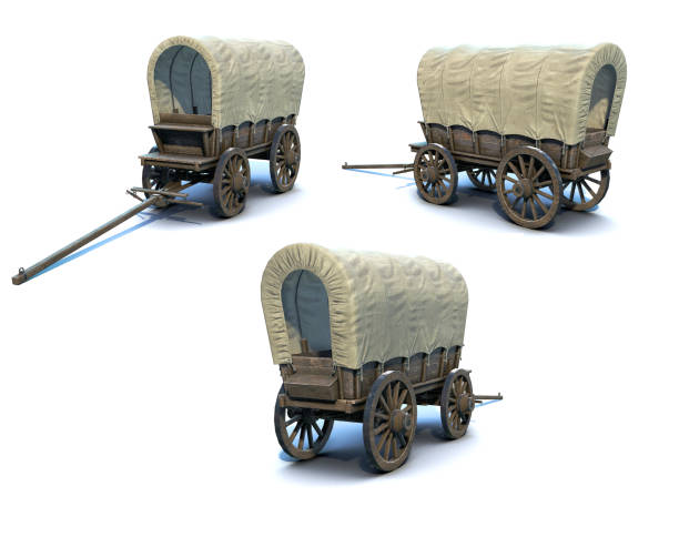 medieval covered wagon 3d-renders set - covered wagon imagens e fotografias de stock