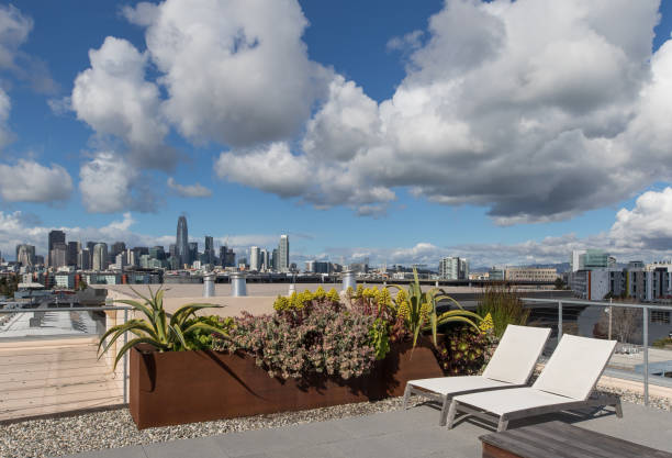 istock Lounge chairs with San Francisco skyline view 939811896