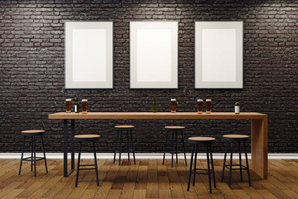 Contemporary pub with blank billboards Contemporary black brick pub or bar interior with blank billboards on wall. Mock up, 3D Rendering brick cafe stock pictures, royalty-free photos & images
