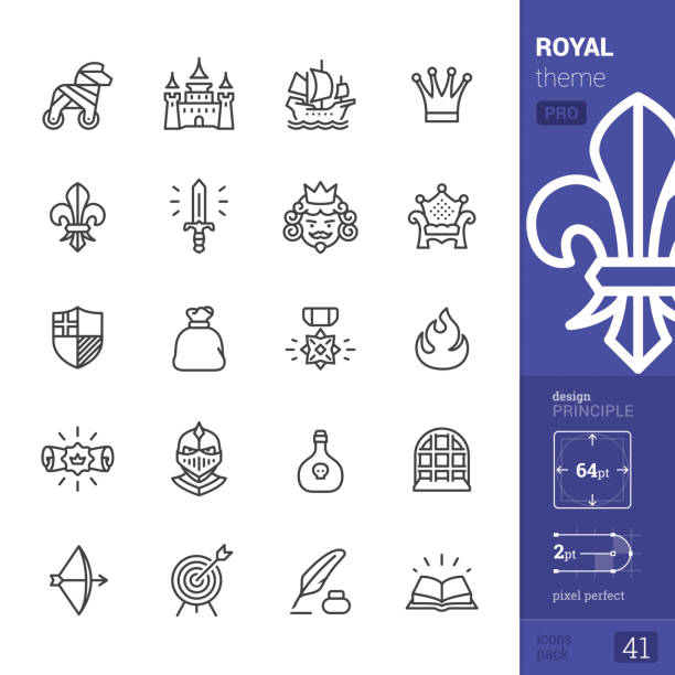 Royal, outline icons - PRO pack Royal and Medieval theme.

Single line Pro Pack contains the following icons:
• Trojan Horse, Caravel, Castle, Crown;
• Fleur De Lys, Sword, King, Throne;
• Coat Of Arms, Money Bag, Medal, Holy flame;
• Manuscript, Knight, Vial of poison, Prison window;
• Archery Bow, Archery Target, Quill Pen and inkwell, Holy Book.


PIXEL PERFECT DESIGN PRINCIPLE — pixel grid alignment, all the icons are designed in 64x64 pt square, stroke weight 2 pt.

>> Take a look at the complete PRO packs collection https://www.istockphoto.com/collaboration/boards/bWuaNNNEwE-iQ8JnJpMYMg trojan horse stock illustrations