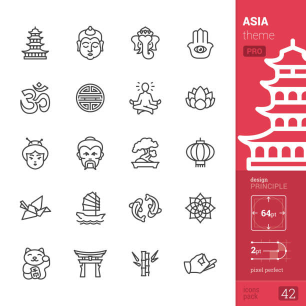 Asia culture, outline icons - PRO pack Asia Single line Pro Pack contains the following icons:
• Pagoda, Buddha, Ganesha, Hamsa symbol;
• Om symbol (Vedas), Shou character, Guru Meditation (Lotus Position), Lotus flower;
• Japanese woman, Sensei icon, Bonsai Tree, Chinese Lantern;
• Origami Crane, Junk ship, Koi carp, Mandala;
• Maneki-neko (Beckoning cat), Shinto, Bamboo, Zen gesture.

PIXEL PERFECT DESIGN PRINCIPLE — pixel grid alignment, all the icons are designed in 64x64 pt square, stroke weight 2 pt.

>> Take a look at the complete PRO packs collection https://www.istockphoto.com/collaboration/boards/bWuaNNNEwE-iQ8JnJpMYMg pagoda stock illustrations