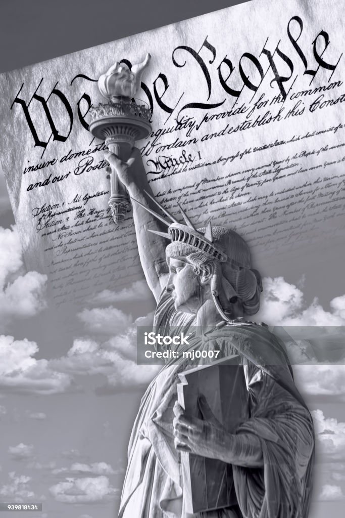 We the People. Statue of liberty and We the People in black and white. Bill - Legislation Stock Photo