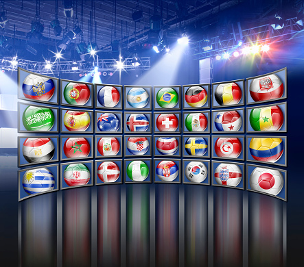 Video wall with TV Screens of soccer teams in Studio broadcasting