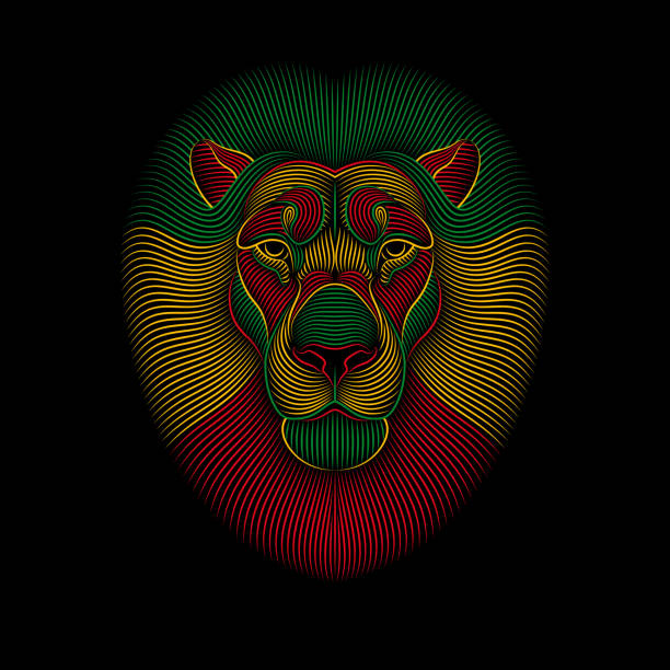 гравировка стилизованного раста льва на черном фоне. - lion king stock illustrations