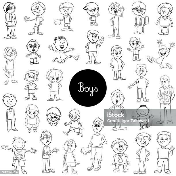 Cartoon Kid Boys Characters Set Color Book Stock Illustration - Download Image Now - Arranging, Black And White, Book