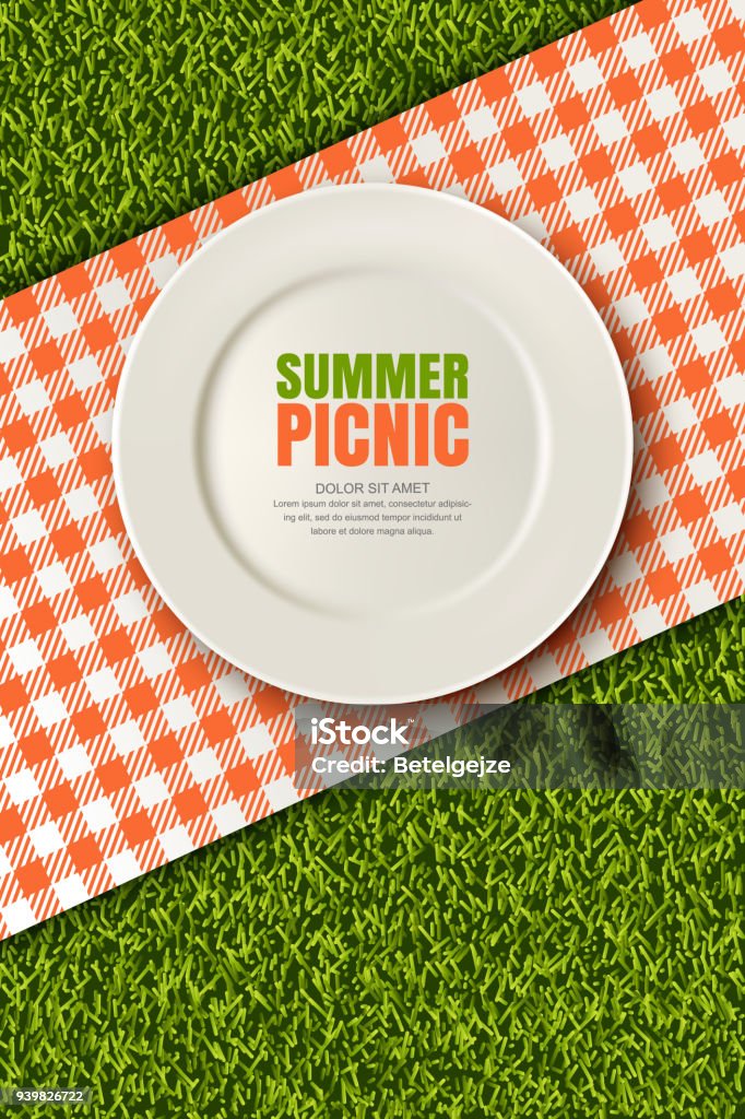 Vektor-realistische 3d Illustration der Platte, rot kariert auf grünen Rasen. Picknick im Park. Banner, Poster-Design-Vorlage - Lizenzfrei Picknick Vektorgrafik
