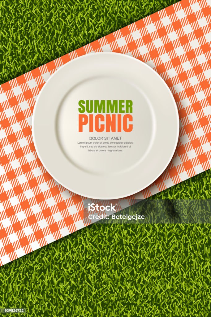 Vector realistic 3d illustration of plate, red plaid on green grass lawn. Picnic in park. Banner, poster design template Vector realistic 3d illustration of white empty plate, gingham red plaid on green grass lawn. Spring, summer picnic in park. Banner, poster design template. Background with copy space. Picnic stock vector