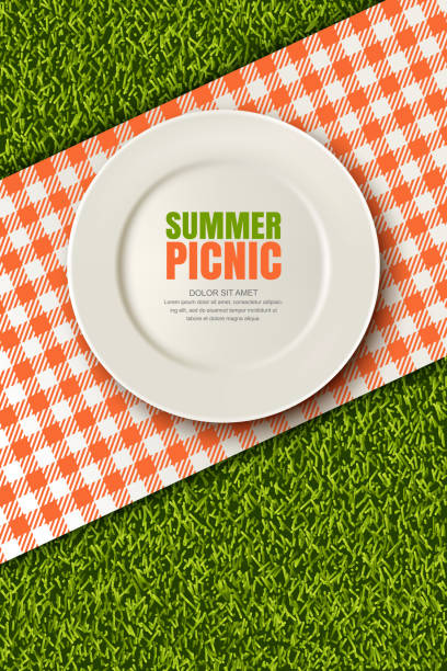 Vector realistic 3d illustration of plate, red plaid on green grass lawn. Picnic in park. Banner, poster design template Vector realistic 3d illustration of white empty plate, gingham red plaid on green grass lawn. Spring, summer picnic in park. Banner, poster design template. Background with copy space. picnic stock illustrations