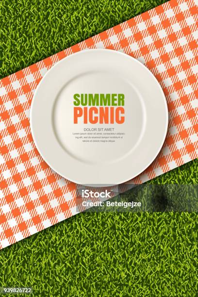 Vector Realistic 3d Illustration Of Plate Red Plaid On Green Grass Lawn Picnic In Park Banner Poster Design Template Stock Illustration - Download Image Now