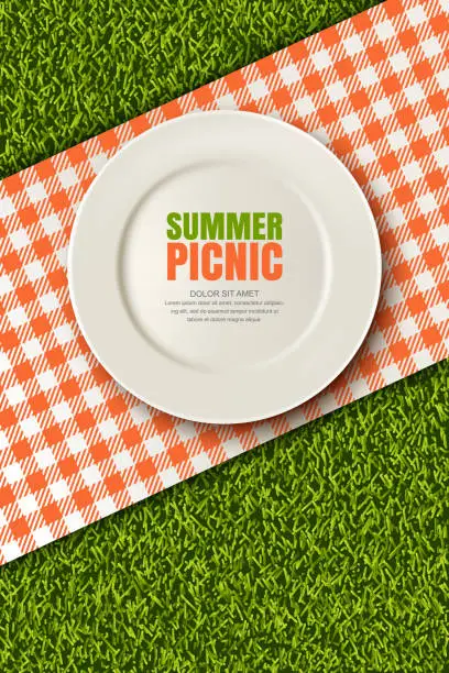 Vector illustration of Vector realistic 3d illustration of plate, red plaid on green grass lawn. Picnic in park. Banner, poster design template
