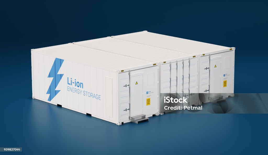 Battery energy storage facility made of shipping containers. 3d rendering. Storage Compartment Stock Photo