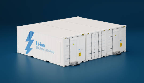 Battery energy storage facility made of shipping containers. 3d rendering. Battery energy storage facility made of shipping containers. 3d rendering. lithium ion battery stock pictures, royalty-free photos & images