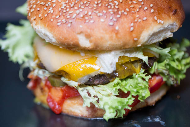 close up of tasty classic american burger