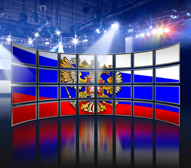 Video wall with TV Screens showing russian flag in Studio broadcasting