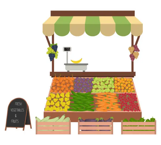 Vector illustration of Tray with vegetables and fruits on the market. Workplace of the market seller