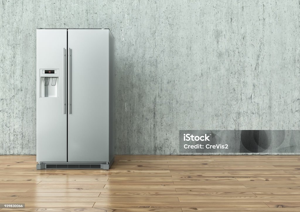 Refrigerador de acero inoxidable moderno sobre un muro de hormigón y un suelo de madera - 3D Rendering - Foto de stock de Frigorífico libre de derechos