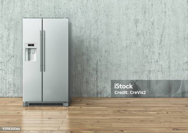 Refrigerador De Acero Inoxidable Moderno Sobre Un Muro De Hormigón Y Un Suelo De Madera 3d Rendering Foto de stock y más banco de imágenes de Frigorífico