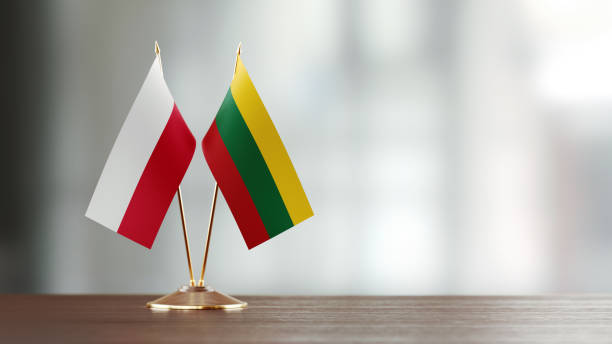 istock Indonesian And Lithuanian Flag Pair On A Desk Over Defocused Background 939833486