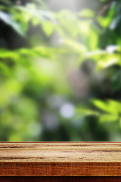 istock Wooden table and blur garden background. 939834400