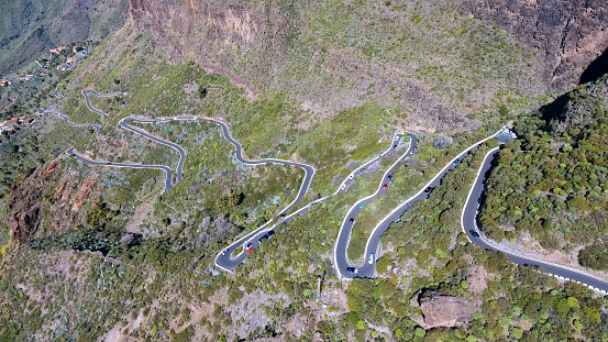 Aerial View of Mountain road to Masca village on Tenerife, Canary Islands, Spain