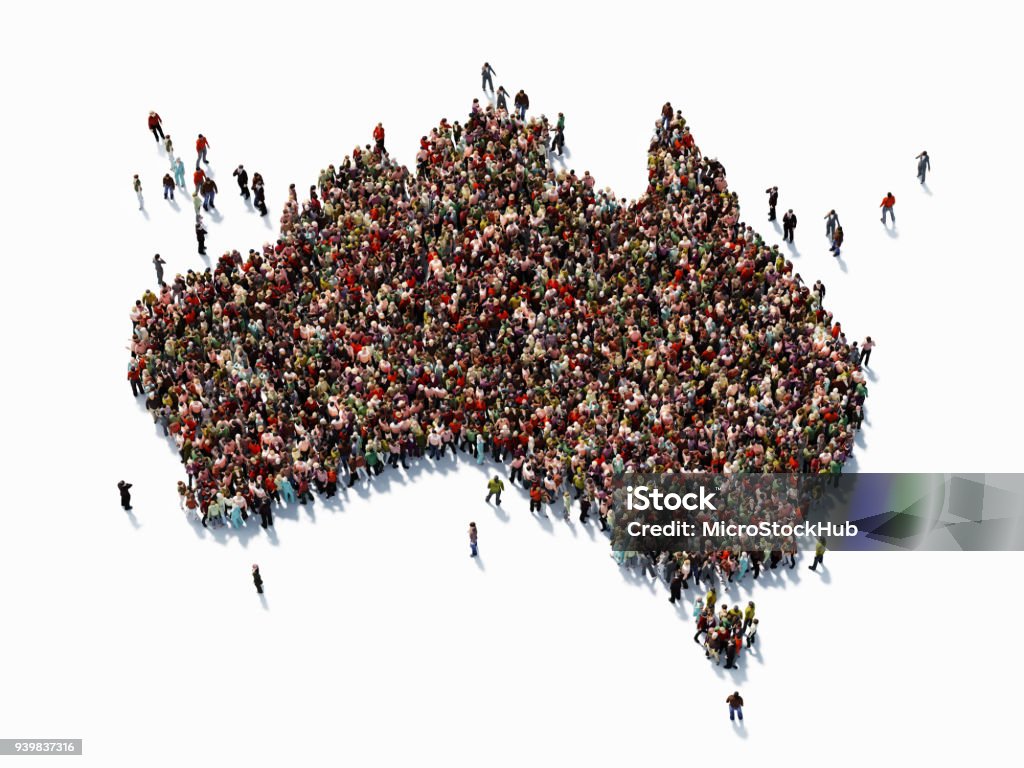 Human Crowd Forming An Australian Map: Population And Social Media Concept Human crowd forming a big Australian map on white background. Horizontal  composition with copy space. Clipping path is included. Population and Social Media concept. Australia Stock Photo