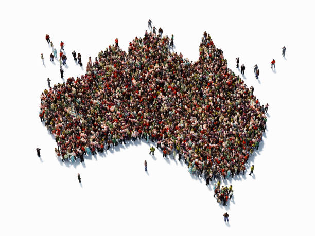 Human Crowd Forming An Australian Map: Population And Social Media Concept Human crowd forming a big Australian map on white background. Horizontal  composition with copy space. Clipping path is included. Population and Social Media concept. population explosion photos stock pictures, royalty-free photos & images