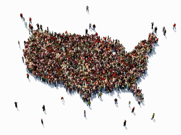 Human Crowd Forming A USA Map: Population And Social Media Concept Human crowd forming a big USA map on white background. Horizontal  composition with copy space. Clipping path is included. Population and Social Media concept. population explosion photos stock pictures, royalty-free photos & images