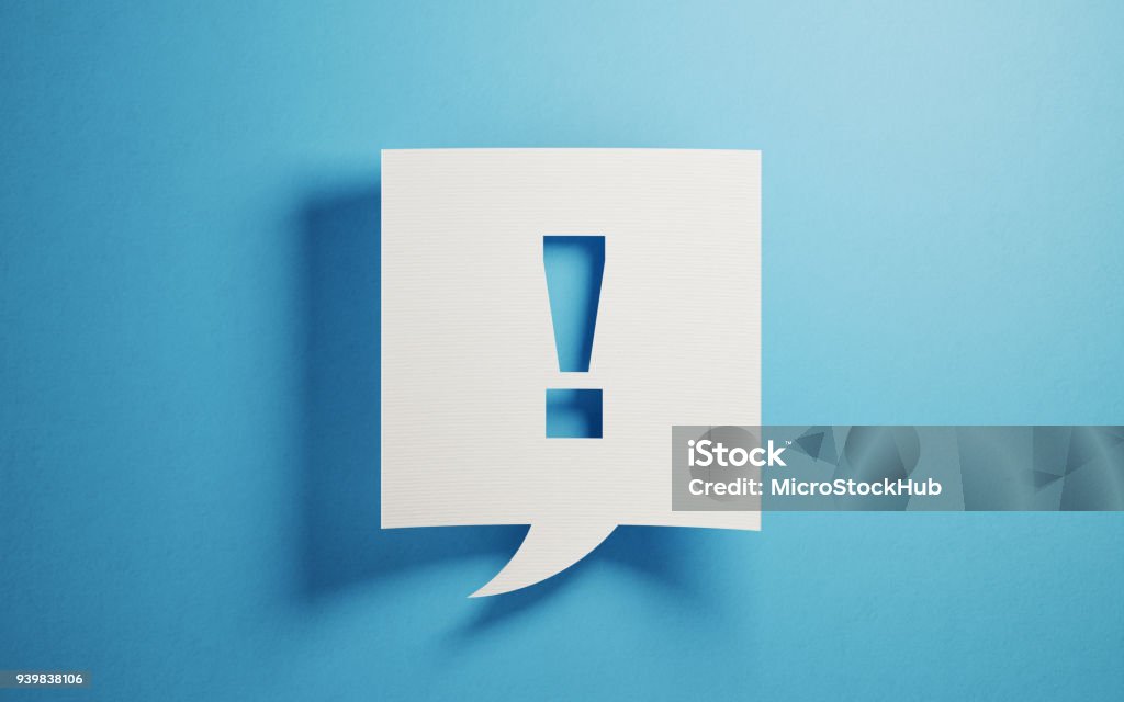 White Chat Bubble On Blue Background White chat bubble on  blue background. There is an exclamation point on chat bubble. Horizontal composition with copy space. Alertness Stock Photo